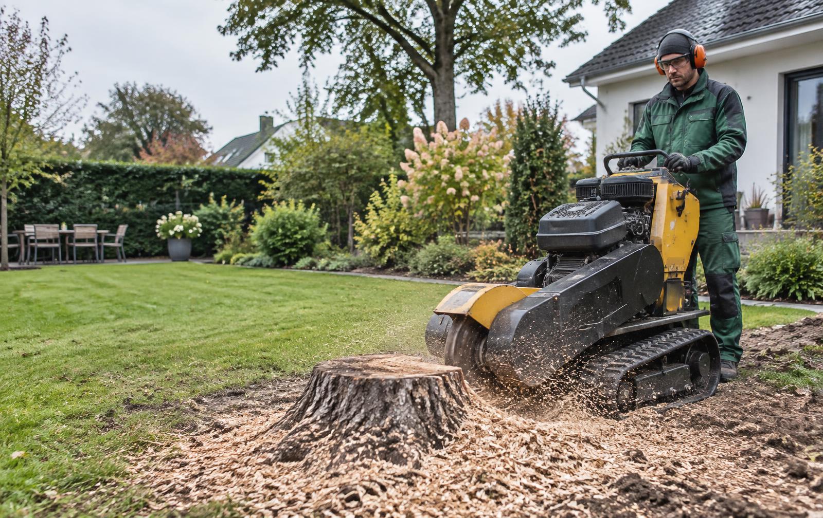 Professionelle Stubbenfräse bei der Arbeit in einem Garten